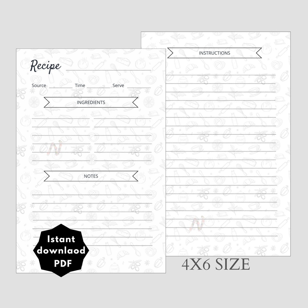 Recipe Template Printable Card 4x6in Instant Download Printable Page ...