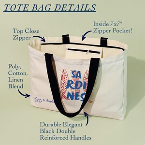 Sardines sailorcore Mediterranean Large zipper close canvas sardines tote bag for women with interior zipper pocket featuring bold blue and red sardine artwork and personalized name in script on cream coastal canvas. Sailorcore and sardinecore Mediterranean market bag style perfect as a coastal tote bag Italian summer beach bag and seaside gift with optional matching pencil pouch sold separately.