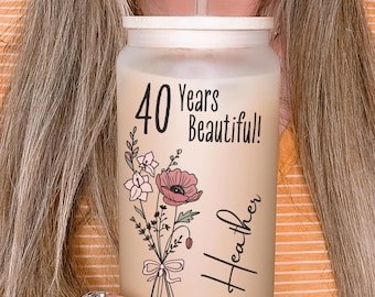 40th Birthday Glass Turning 40 Gift With Birthflower Glass Tumbler  40 Year Old Gift Iced Coffee Cup Fortieth Birthday Glass Can With Flower