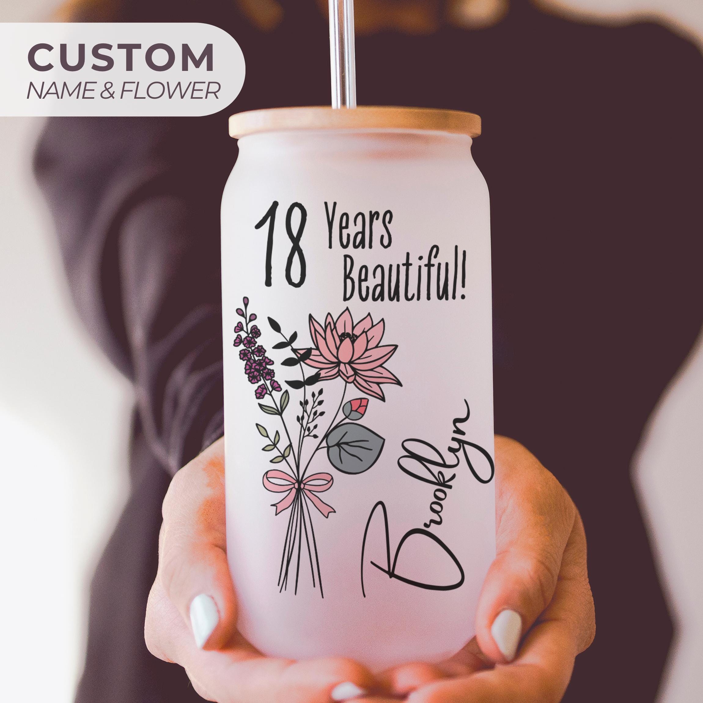 18th Birthday Glass Turning 18 Gift With Birthflower Glass Tumbler 18 ...