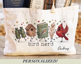Personalized Bird Nerd Tote Bag Custom Name Bird Lover Gift Funny Bird Watching Canvas Bag Nature Lover Tote Birder Gift for Her Birding Bag