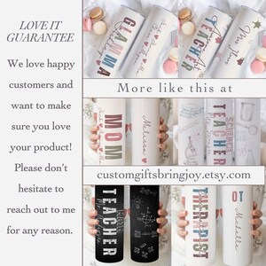 May include: A collection of personalized tumblers with various designs and text, including "GLAMMA," "TEACHER," and names. The tumblers are white, black, and other colors, with decorative elements. The image also includes text: "customgiftsbringjoy.etsy.com."