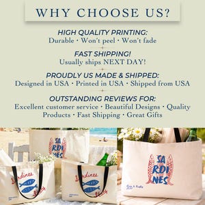 Sardines Mediterranean sailorcore personalized Large zipper close canvas sardines tote bag with interior zipper pocket and matching zipper sardines makeup bag both featuring blue and red sardine artwork and personalized name options on cream coastal canvas. Sailorcore sardine girl summer and Mediterranean market bag aesthetic perfect as a coastal gift for her with tote and pouch sold separately.