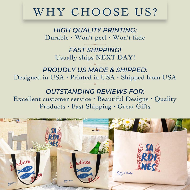 Sardines Mediterranean sailorcore personalized Large zipper close canvas sardines tote bag with interior zipper pocket and matching zipper sardines makeup bag both featuring blue and red sardine artwork and personalized name options on cream coastal canvas. Sailorcore sardine girl summer and Mediterranean market bag aesthetic perfect as a coastal gift for her with tote and pouch sold separately.