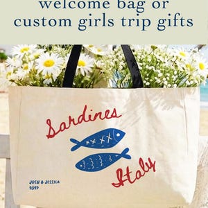 Sardines sailorcore Mediterranean Large zipper close canvas sardines tote bag for women with interior zipper pocket featuring bold blue and red sardine artwork and personalized name in script on cream coastal canvas. Sailorcore and sardinecore Mediterranean market bag style perfect as a coastal tote bag Italian summer beach bag and seaside gift with optional matching pencil pouch sold separately.