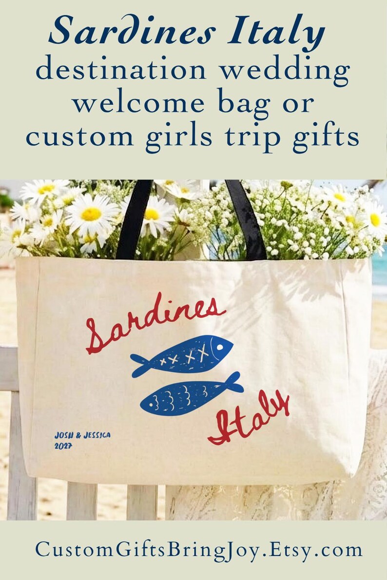 Sardines sailorcore Mediterranean Large zipper close canvas sardines tote bag for women with interior zipper pocket featuring bold blue and red sardine artwork and personalized name in script on cream coastal canvas. Sailorcore and sardinecore Mediterranean market bag style perfect as a coastal tote bag Italian summer beach bag and seaside gift with optional matching pencil pouch sold separately.