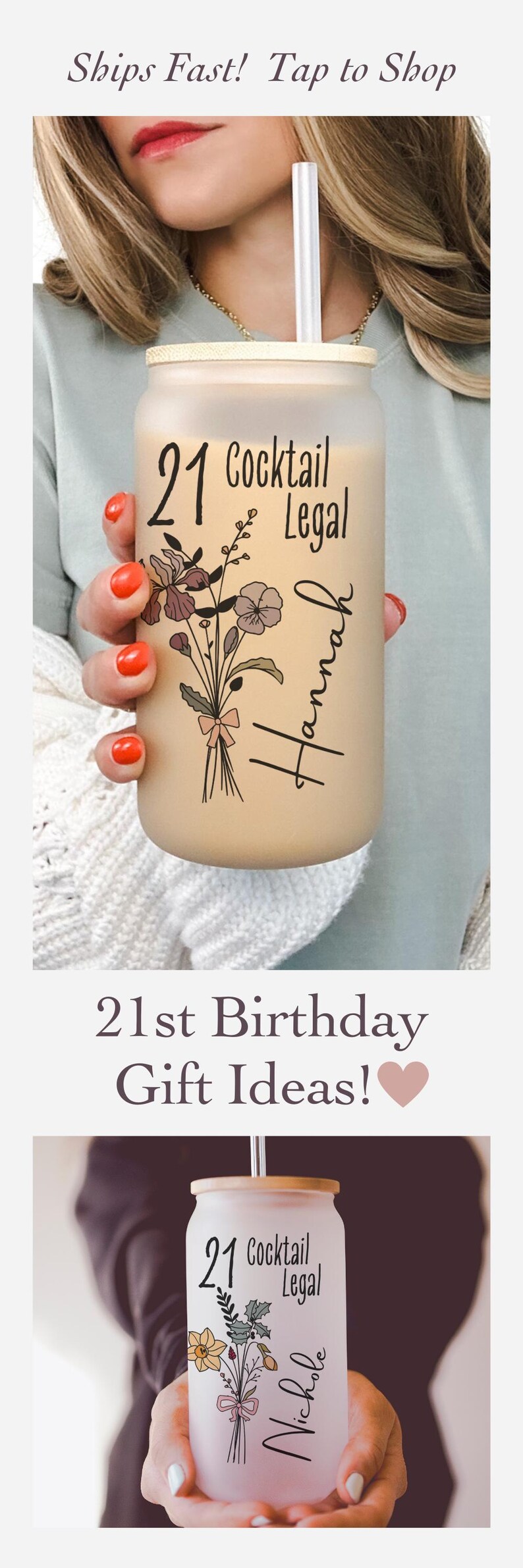 Custom Birth flower for 21st birthday saying cocktail legal with the number 21 and personalized with name on a frosted glass tumbler. Birthflower and name 21 years old Colored birthflower on frosted glass tumbler