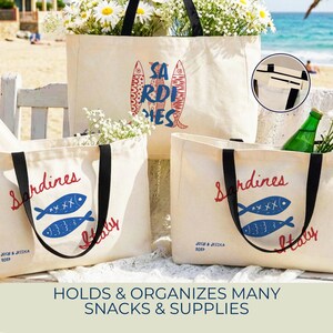 Sardines sailorcore Mediterranean Large zipper close canvas sardines tote bag for women with interior zipper pocket featuring bold blue and red sardine artwork and personalized name in script on cream coastal canvas. Sailorcore and sardinecore Mediterranean market bag style perfect as a coastal tote bag Italian summer beach bag and seaside gift with optional matching pencil pouch sold separately.