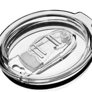 May include: A clear plastic tumbler lid with a sliding closure. The lid is circular with a black rubber seal and a clear plastic slider to open and close the drinking spout. The lid is designed to fit a tumbler.