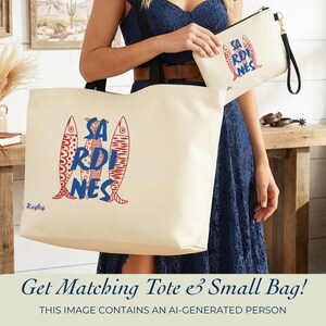 Sardines Mediterranean sailorcore personalized Large zipper close canvas sardines tote bag with interior zipper pocket and matching zipper sardines makeup bag both featuring blue and red sardine artwork and personalized name options on cream coastal canvas. Sailorcore sardine girl summer and Mediterranean market bag aesthetic perfect as a coastal gift for her with tote and pouch sold separately.
