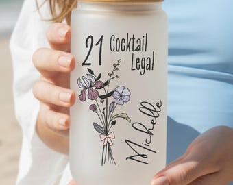 21st Birthday Glass Turning 21 Gift With Birthflower Glass Tumbler 21 Year Old Gift Iced Coffee Cup Twenty First Birthday Glass With Flower