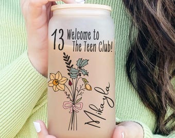 Thirteenth Birthday Tumbler Birth Flower Glass Cup Teen Gift Custom Name Frosted Present Thirteen Year Old Celebration Personalized Design