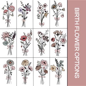 May include: A collection of hand-drawn floral bouquets in a grid layout. Each bouquet features a unique arrangement of flowers, tied with a pink ribbon. The color palette includes pink, peach, and green on a white background. The text "BIRTH FLOWER OPTIONS" is on the right.
