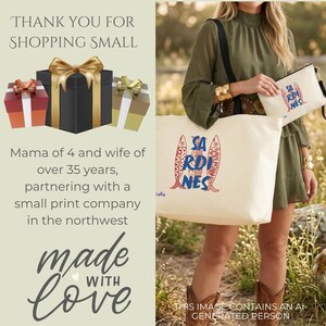 Sardines Mediterranean sailorcore personalized Large zipper close canvas sardines tote bag with interior zipper pocket and matching zipper sardines makeup bag both featuring blue and red sardine artwork and personalized name options on cream coastal canvas. Sailorcore sardine girl summer and Mediterranean market bag aesthetic perfect as a coastal gift for her with tote and pouch sold separately.