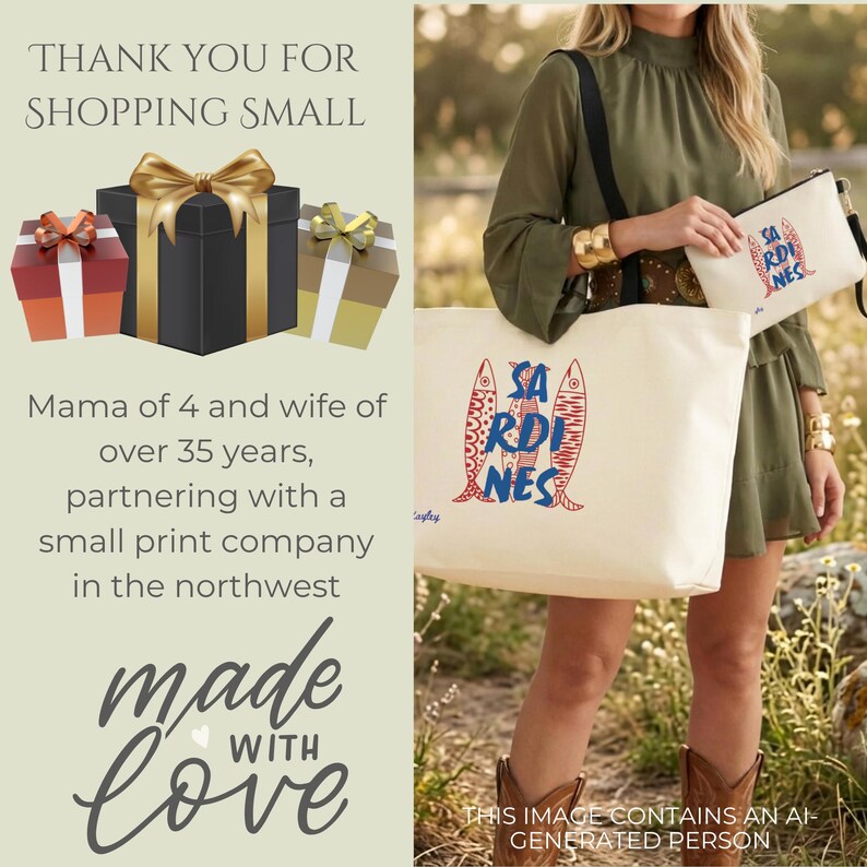 Sardines Mediterranean sailorcore personalized Large zipper close canvas sardines tote bag with interior zipper pocket and matching zipper sardines makeup bag both featuring blue and red sardine artwork and personalized name options on cream coastal canvas. Sailorcore sardine girl summer and Mediterranean market bag aesthetic perfect as a coastal gift for her with tote and pouch sold separately.