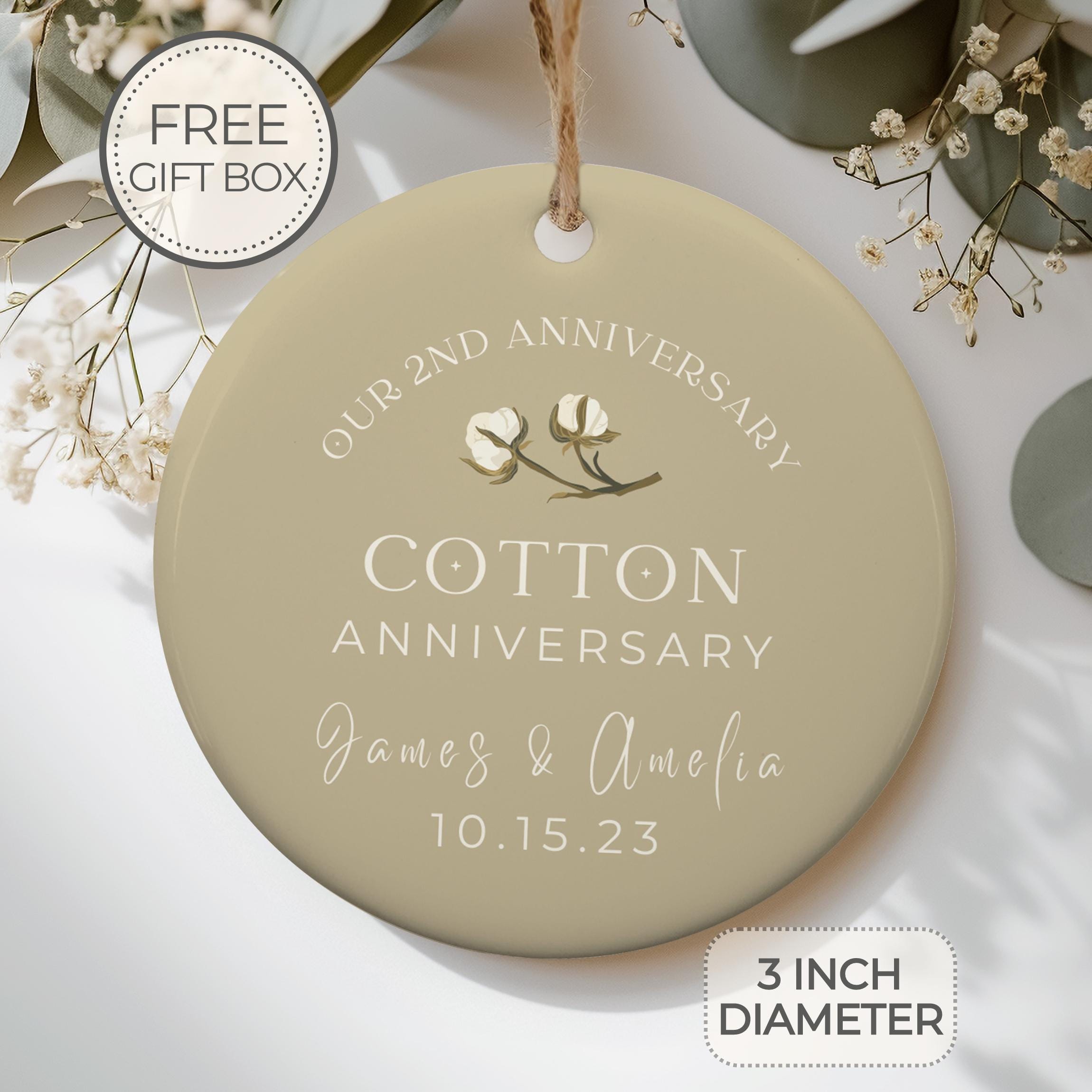 Personalized 2nd Anniversary Ornament Cotton Wedding Anniversary Gift