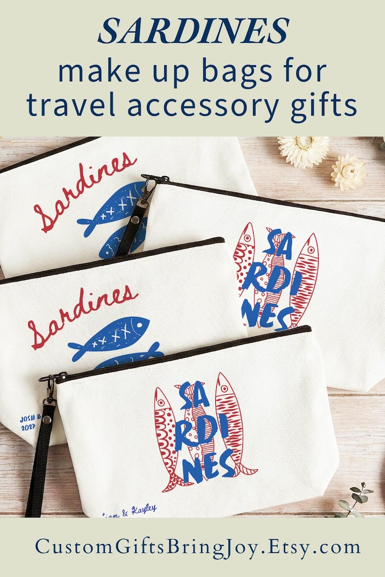 Sardines Mediterranean sailorcore personalized Zipper close canvas sardines makeup bag pencil pouch with bold blue and red sardine print and optional personalized name in script on cream coastal fabric. Sailorcore sardinecore and Mediterranean market girl aesthetic perfect for storing makeup pens and travel essentials and designed to coordinate with the large coastal sardines tote bag sold separately.