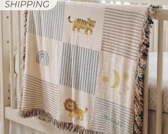 Lion Baby Blanket Personalized Baby Shower Gift Set Boy Nursery Decor Woven Blanket Kids Room Custom Newborn Gift Bundle Expecting Mom Gift