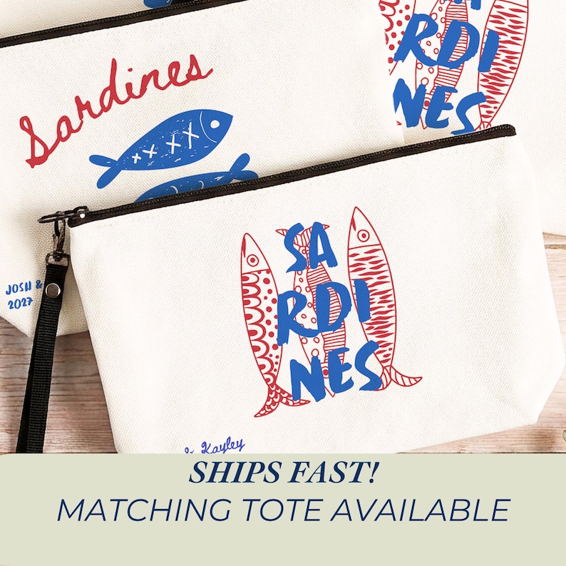Sardines Mediterranean sailorcore personalized Zipper close canvas sardines makeup bag pencil pouch with bold blue and red sardine print and optional personalized name in script on cream coastal fabric. Sailorcore sardinecore and Mediterranean market girl aesthetic perfect for storing makeup pens and travel essentials and designed to coordinate with the large coastal sardines tote bag sold separately.