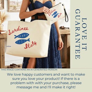 Sardines Mediterranean sailorcore personalized Large zipper close canvas sardines tote bag with interior zipper pocket and matching zipper sardines makeup bag both featuring blue and red sardine artwork and personalized name options on cream coastal canvas. Sailorcore sardine girl summer and Mediterranean market bag aesthetic perfect as a coastal gift for her with tote and pouch sold separately.