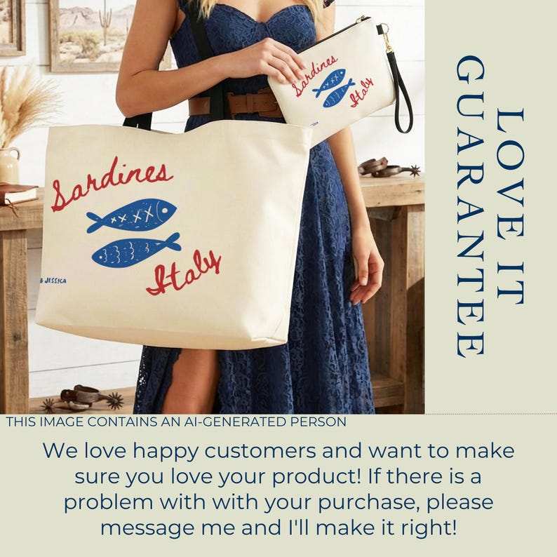 Sardines Mediterranean sailorcore personalized Large zipper close canvas sardines tote bag with interior zipper pocket and matching zipper sardines makeup bag both featuring blue and red sardine artwork and personalized name options on cream coastal canvas. Sailorcore sardine girl summer and Mediterranean market bag aesthetic perfect as a coastal gift for her with tote and pouch sold separately.