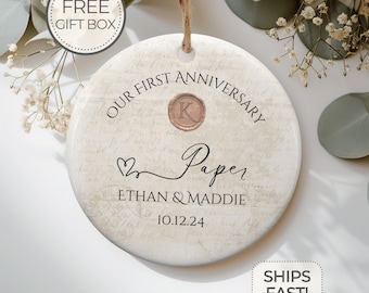 Personalized First Anniversary Ornament Paper Wedding Anniversary Gift One Year Anniversary Ceramic Ornament 1st Year Gift For Husband Wife
