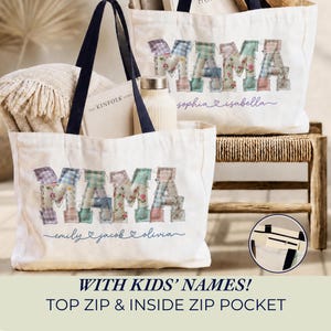 May include: Two off-white canvas tote bags with dark blue handles. Each bag features the word MAMA in a patchwork floral and gingham print, with custom names written in blue script below. A small circular inset shows a top zipper and inner pocket.