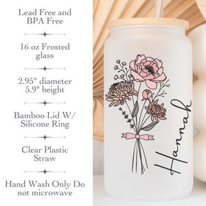 Custom Birth flower for 21st birthday saying cocktail legal with the number 21 and personalized with name on a frosted glass tumbler. Show just birthflower and name. Colored birthflower on frosted glass tumbler