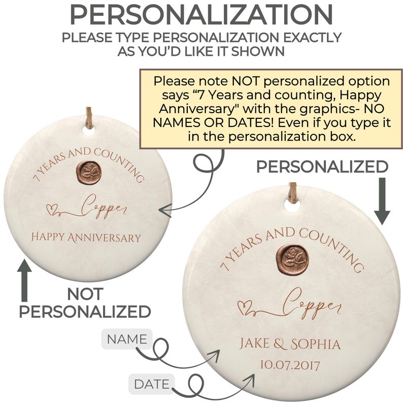 May include: Two round ceramic ornaments with a marbleized background. The ornament on the left says "7 Years and Counting, Copper, Happy Anniversary". The ornament on the right says "7 Years and Counting, Copper, Jake & Sophia, 10.07.2017".