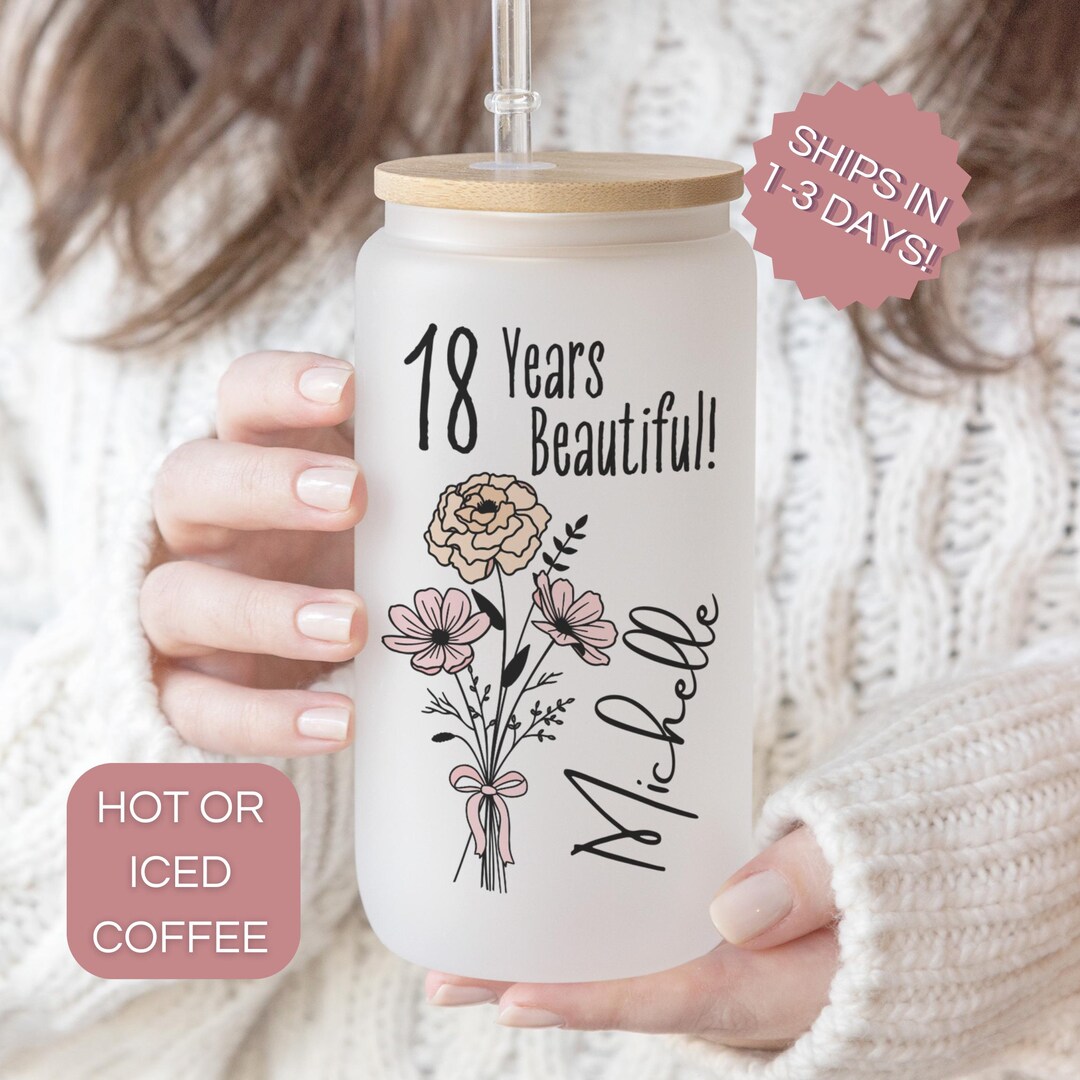 18th Birthday Glass Turning 18 Gift With Birthflower Glass Tumbler 18 ...