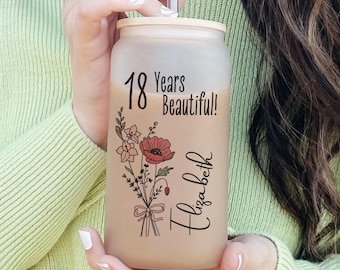 18th Birthday Glass Turning 18 Gift With Birthflower Glass Tumbler 18 Year Old Gift Iced Coffee Cup Eighteenth Birthday Glass With Flower