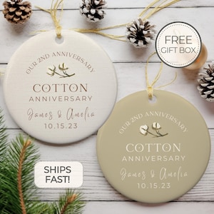 Personalized 2nd Anniversary Ornament Cotton Wedding Anniversary Gift Two Year Anniversary Ceramic Ornament 2nd Year Gift For Husband Wife