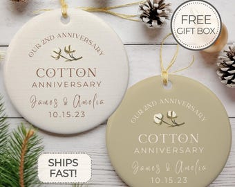 Personalized 2nd Anniversary Ornament Cotton Wedding Anniversary Gift Two Year Anniversary Ceramic Ornament 2nd Year Gift For Husband Wife