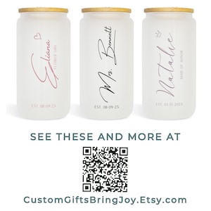 May include: Three frosted glass jars with wooden lids and personalized text. The jars are decorated with names, titles, and dates. The text reads "Eliana Flower Girl EST. 08-09-25", "Ms. Bennett EST. 08-09-25", and "Natalie Maid of Honor EST. 03-15-2024".