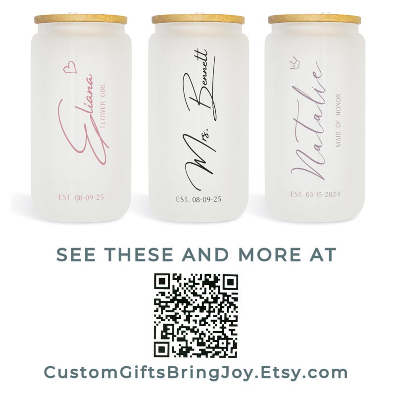 May include: Three frosted glass jars with wooden lids and personalized text. The jars are decorated with names, titles, and dates. The text reads "Eliana Flower Girl EST. 08-09-25", "Ms. Bennett EST. 08-09-25", and "Natalie Maid of Honor EST. 03-15-2024".