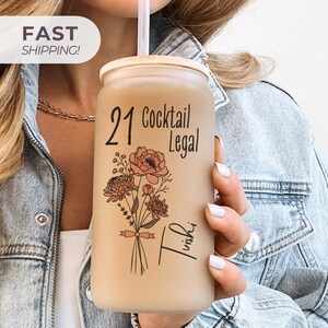 custom Birthflower Glass frosted tumblers for birthday gift birth month flower shown on three different tumblers 30 years beautiful 40th birthday 50 years old birthday gift personalized with years old and name script in black flower is in color