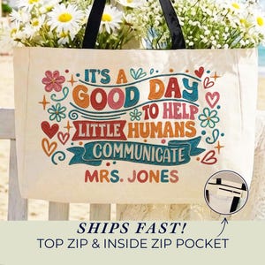 SLP Tote Bag Help Tiny Humans Communicate Faux Paint Retro Speech Language Pathologist Gift Speech Therapist Work Bag Large Zipper Canvas