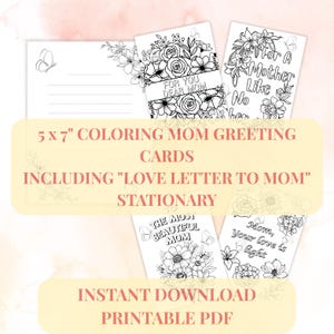 Paquete de tarjetas de felicitación imprimibles para mamá / Sobre imprimible / Tarjetas florales para colorear / Papelería con cartas de amor / Descarga instantánea / Día de la Madre