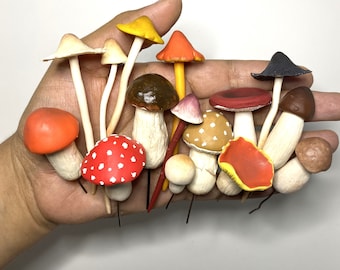 Assortment of 15 Realistic Handmade Polymer Clay Mushrooms for Houseplants, Terrariums, Fairy Gardens, etc.