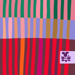 May include: Abstract digital art with vertical stripes in shades of pink, green, orange, red, purple, and brown. A small, light purple square in the bottom right corner features a stylized design.