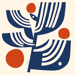 May include: Abstract art print featuring a stylized design in navy blue and white on a cream background. The artwork includes curved shapes with striped details and three orange circles. The artist's name, Elissa Turnbull, is printed in the lower right corner.
