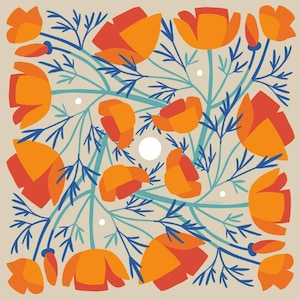 Orange Poppies Floral Scarf 100% Silk