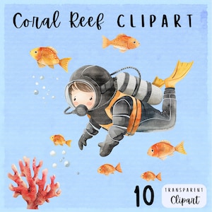 Koraalrif, schattige onderwater clipart, vissen en duiker bundel png set, schattige vis, scrapbooking illustraties, instant download, ongewenste tijdschriften