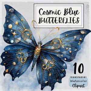 Kosmische Blau und Gold Schmetterling Clipart, 10 Weltraum-Galaxie-Schmetterlinge PNG Set, Aquarell Clip Art, kommerzielle Nutzung, Sofort-Download