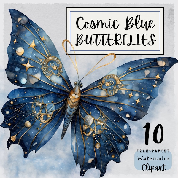 Cosmic Blue and Gold Butterfly Clipart, 10 Outer-Space Galaxy Butterflies PNG Set, Watercolor Clip Art, Commercial Use, Instant Download