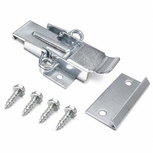 May include: A silver-colored metal draw latch with a spring-loaded mechanism, a separate rectangular strike plate with two mounting holes, and four matching silver-colored metal screws with hexagonal heads for installation purposes.