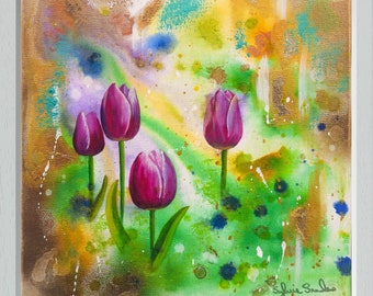 Pink Tulips, Original art painting framed. Sylvie's Spring Collection 2024.