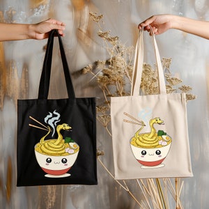 Sacola de viagem ramen macarrão de cobra kawaii, presente para amigo tote amante de cobra bolsa fofa de desenho animado para escola presente para amante de animais bolsa de comida