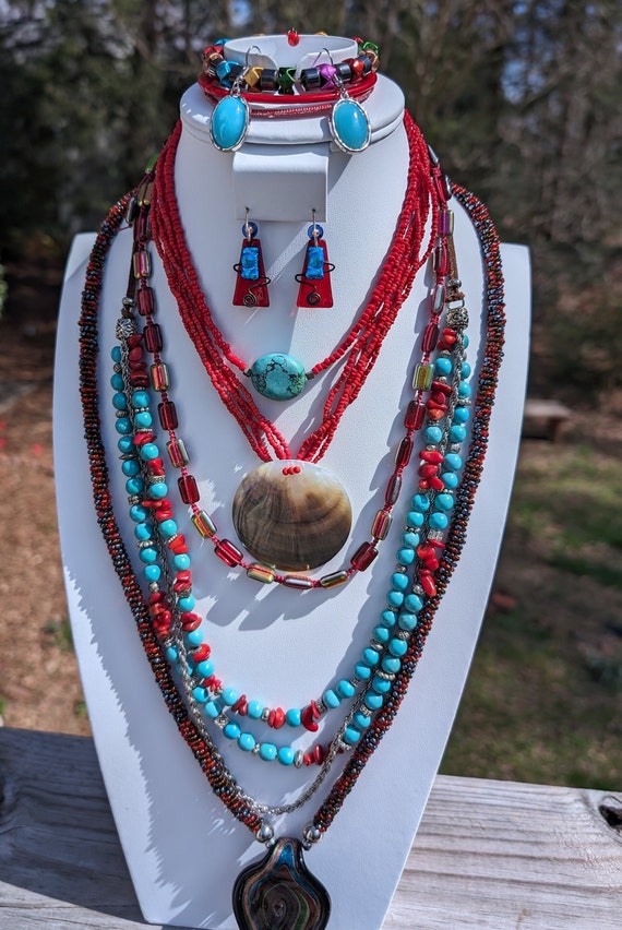 Turquoise,Coral,Murano Glass Lot includes Necklace