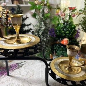 Set Of Brass Chamber Candle Holders With Mother Of Pearl Inlay